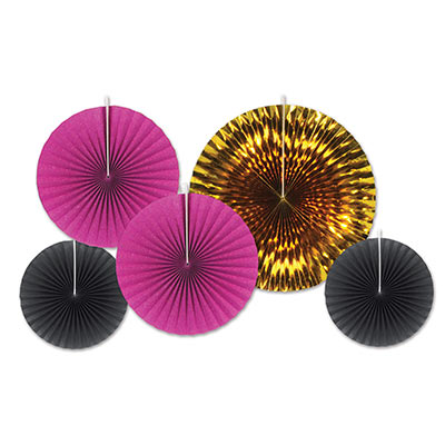 Assorted Sized Paper & Foil Decorative Fans in Black, Gold and Pink