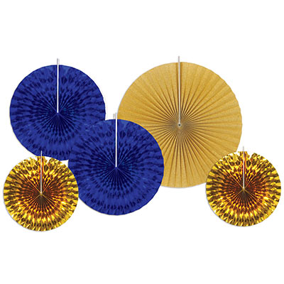 Assorted sized paper and foil fans in dark blue and gold.