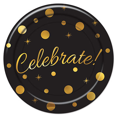Balck paper plates with metallic gold dots, stars, and the word celebrate! 