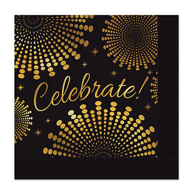 Balck luncheon napkins with metallic gold design and the word celebrate! printed on each 