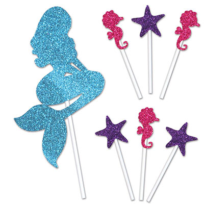 Glittered Blue Mermaid Cake Topper with stars and seahorses
