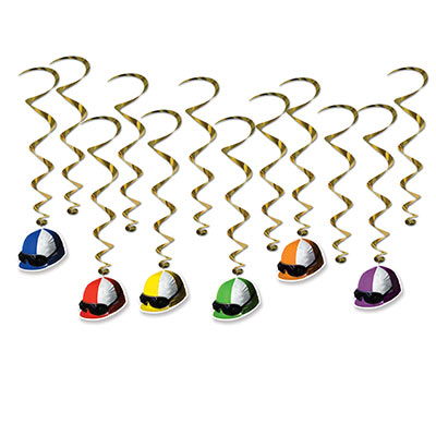 Gold metallic whirls with assorted colored jockey helmet icons attached.
