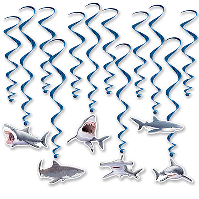 Blue metallic whirls with a shark of six different kinds icon attached to some of the whirls.