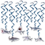 Blue metallic whirls with a shark of six different kinds icon attached to some of the whirls.