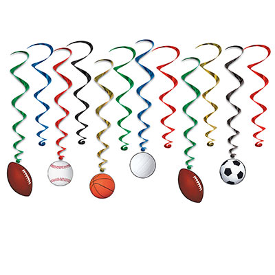 Assorted color metallic whirls with card stock sports balls attached at the bottom.