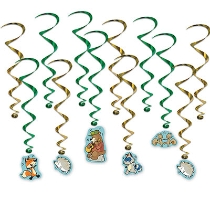 Gold and green metallic whirls with card stock icons of woodland friends.