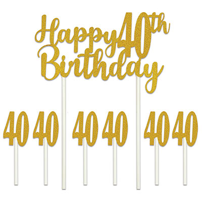 Happy "40th" Birthday Cake Topper with a glitter look and six "40" toppers.