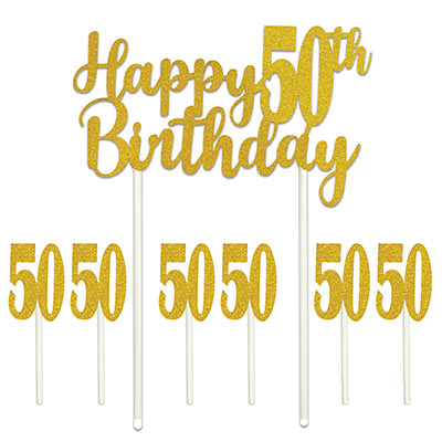 Happy "50th" Birthday Cake Topper with a glitter look and six "50" toppers.