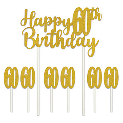 Happy "60th" Birthday Cake Topper with a glitter look and six "60" toppers.
