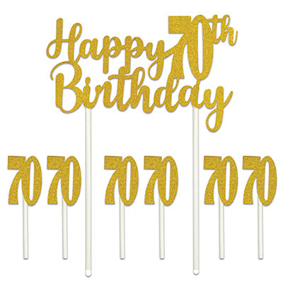 Happy "70th" Birthday Cake Topper with a glitter look and six "70" toppers.