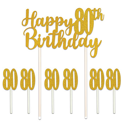 Happy "80th" Birthday Cake Topper with a glitter look and six "80" toppers.
