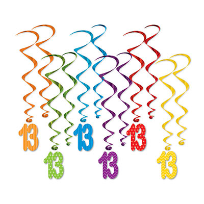 Assorted colored metallic whirls with matching "13" icon attached.