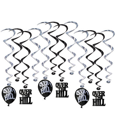 Over The Hill Whirls with black and silver metallic whirls and "over the hill" icons attached.
