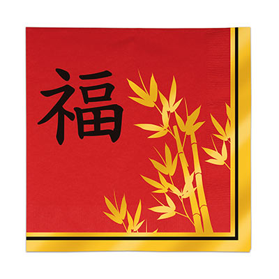 Asian Luncheon Napkins is made of 2-ply material with a red background, gold accents and black writing.