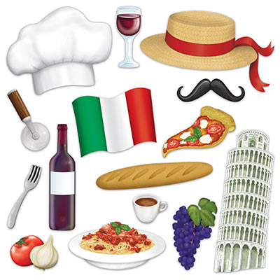Italian Photo Fun Signs are made of card stock material with images of food, wine, hats and more.