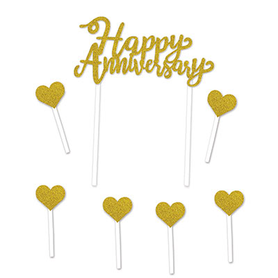 Happy Anniversary Cake Topper with a glitter look and six hearts included.