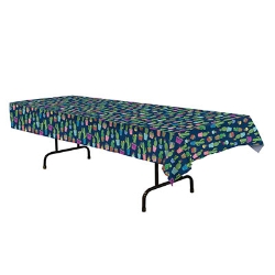 Plastic Cactus Tablecover with cacti in assorted colored pots.