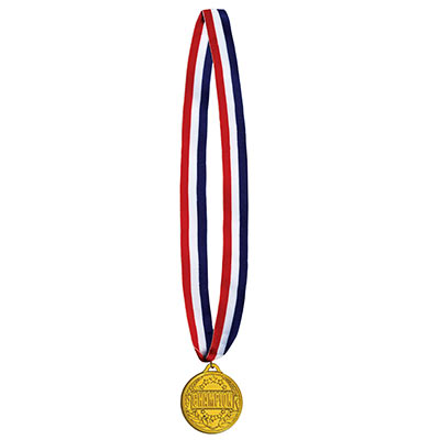 Patriotic striped ribbon with champion medal made of plastic.
