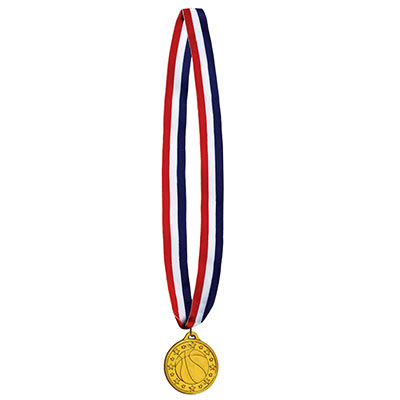 Patriotic striped ribbon with basketball medal made of plastic.