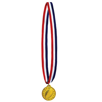Patriotic striped ribbon with football medal made of plastic.