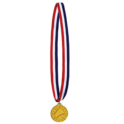 Patriotic striped ribbon with baseball medal made of plastic.