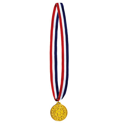 Patriotic striped ribbon with soccer medal made of plastic.