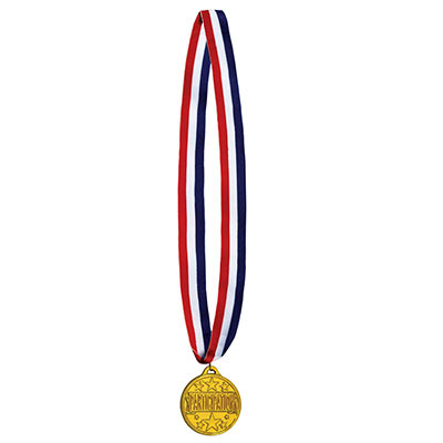 Patriotic striped ribbon with participation medal made of plastic.