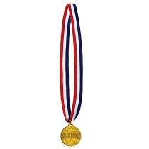 Patriotic striped ribbon with participation medal made of plastic.