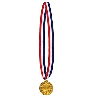 Patriotic striped ribbon with winner medal made of plastic.
