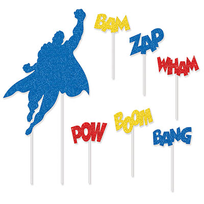 Hero Cake Topper with a glittered blue hero and six different superhero words to match.