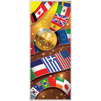 International Sports Door Cover made of thin plastic material with international flags and a medal printed in detail.