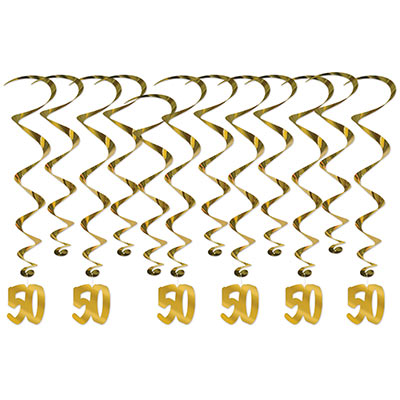 Gold metallic whirls with "50" icons attached to the bottom of half.
