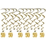 Gold metallic whirls with "50" icons attached to the bottom of half.