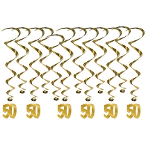 Gold metallic whirls with "50" icons attached to the bottom of half.