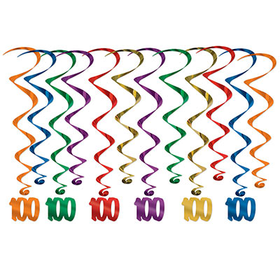 Assorted colored metallic whirls with matching "100" icon attached.