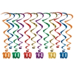 Assorted colored metallic whirls with matching "100" icon attached.