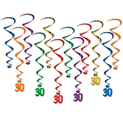 Assorted colored metallic whirls with matching "30" icon attached.