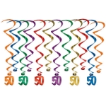Assorted colored metallic whirls with matching "50" icon attached.