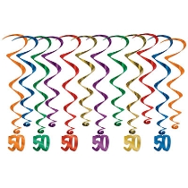 Assorted colored metallic whirls with matching "50" icon attached.