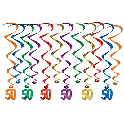 Assorted colored metallic whirls with matching "50" icon attached.