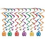 Assorted colored metallic whirls with matching "60" icon attached.