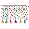 Assorted colored metallic whirls with matching "70" icon attached.
