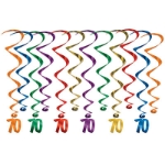 Assorted colored metallic whirls with matching "70" icon attached.