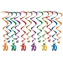 Assorted colored metallic whirls with matching "70" icon attached.