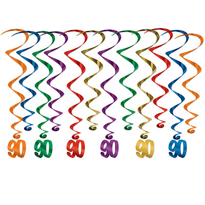 Assorted colored metallic whirls with matching "90" icon attached.