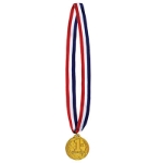 Patriotic striped ribbon with 1st place medal made of plastic.
