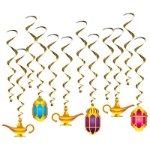 Gold metallic whirls with lantern and lamp icons attached to half the whirls.