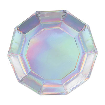 Iridescent printed decagon plates that gives off different colors under lights.