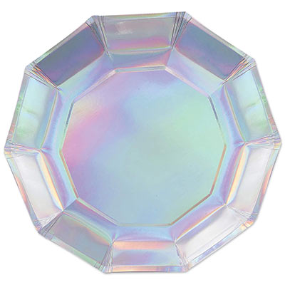 Iridescent printed decagon plates that gives off different colors under lights.