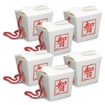 Card stock material Asian Favor Boxes with Asian print on the outside and a red string for easy carrying.